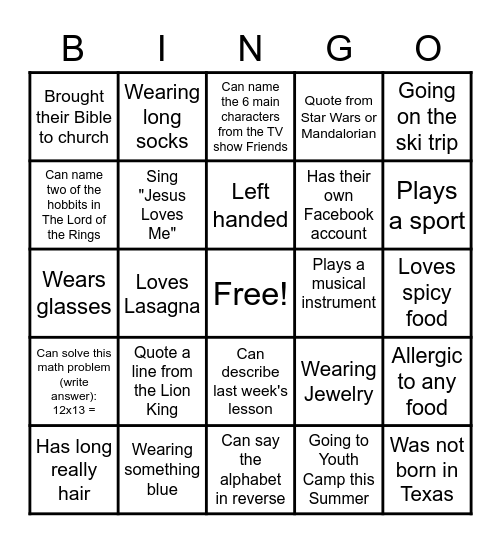 Youth Bingo Card