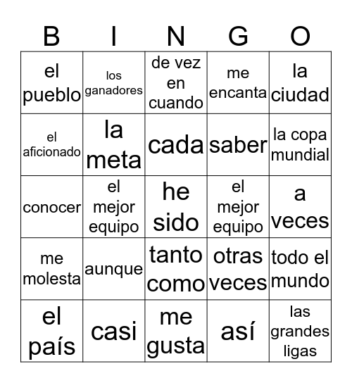 Lección Dieciocho "Los Deportes" Bingo Card