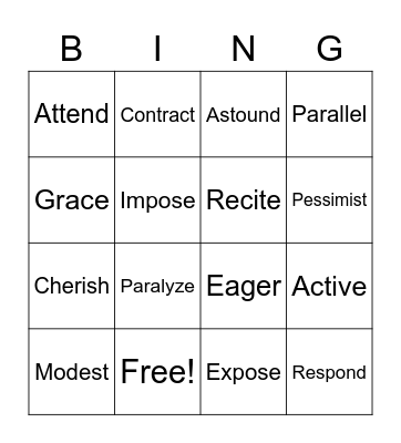 Lesson 4 Vocabulary Bingo Card