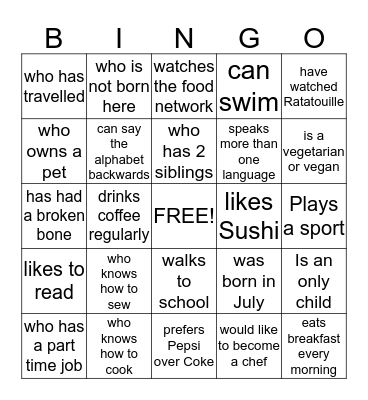 Food and Nutrition -ESL Bingo Card