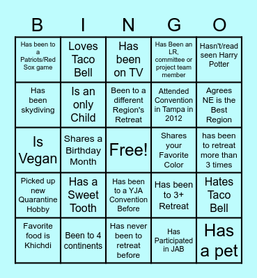 YJA  2021 Northeast Retreat Bingo Card