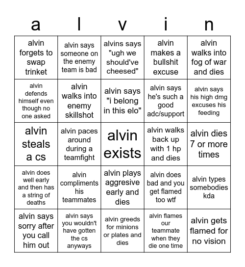 alvin Bingo Card