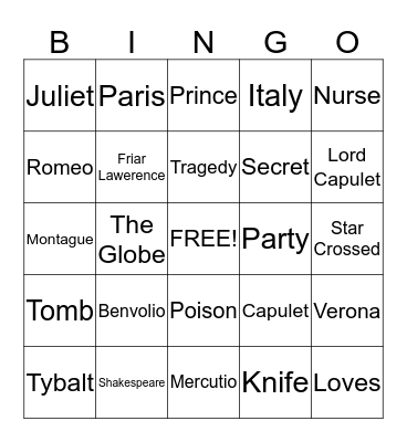 ROMEO & JULIET Bingo Card