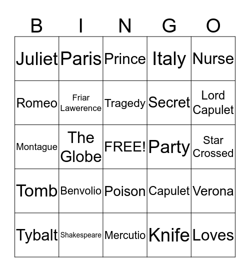 ROMEO & JULIET Bingo Card