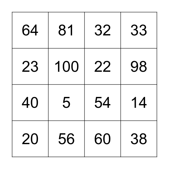 Place Value Bingo Card