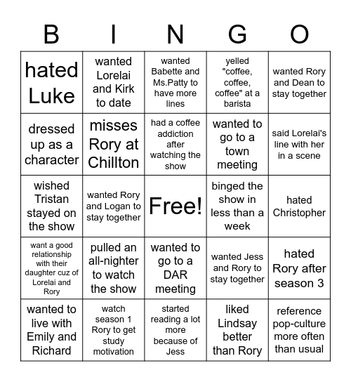 Gilmore Girls BINGO Card