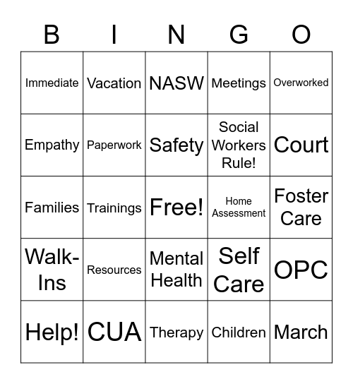 Social Work Month 2021 Bingo Card