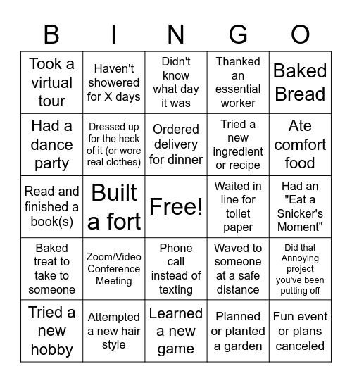 Quarantine Bingo Card