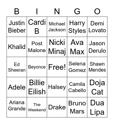 Pop Music Bingo Card