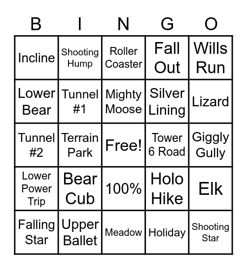 Fernie Skiing Bingo Card