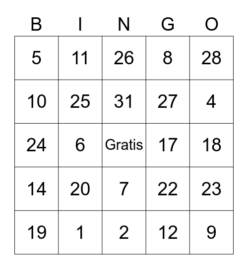 numeros 0-31 Bingo Card