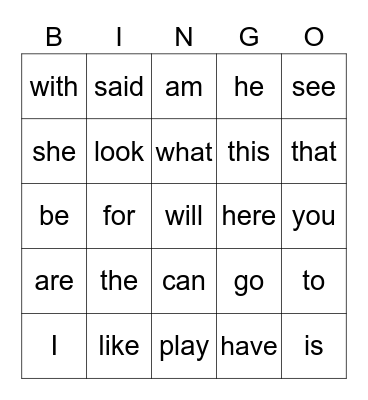 Sight Words #1 Bingo Card