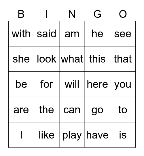 Sight Words #1 Bingo Card