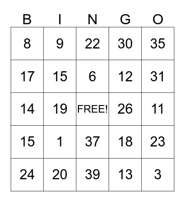 NUMBER BINGO Card