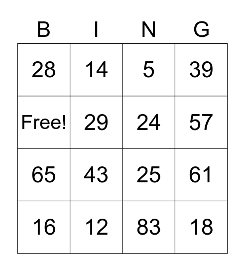 Number BING Bingo Card