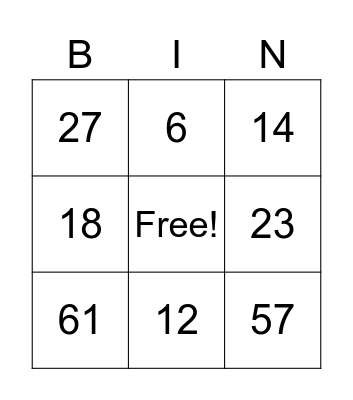 Number BIN Bingo Card