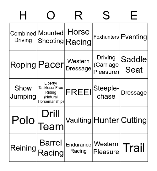 Horse Crazy Bingo Card