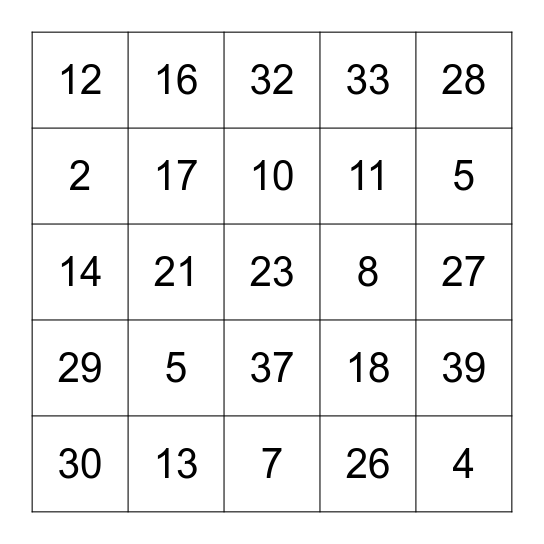 NUMBER BINGO Card