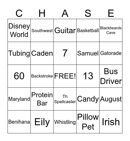CHASE BINGO Card