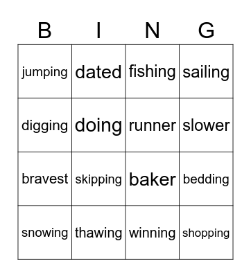 Vowel Suffixes Bingo Card