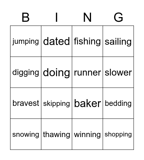 Vowel Suffixes Bingo Card