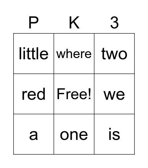 Sight Words Bingo Card