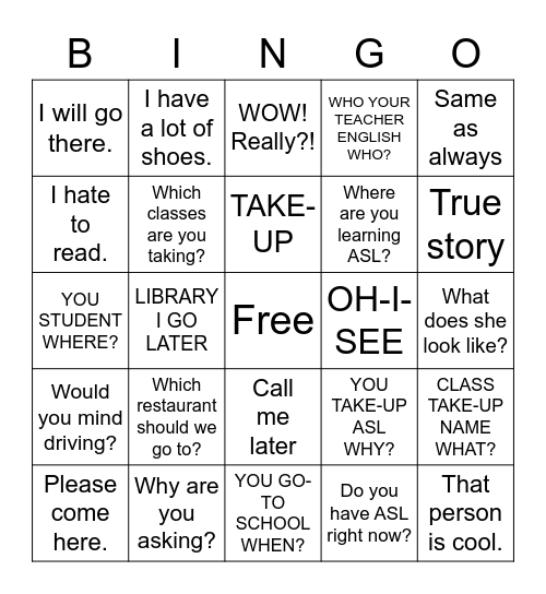 ASL Unit 2-3 Bingo Card