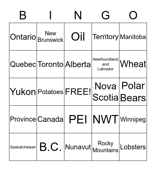 C A N A D A Bingo Card