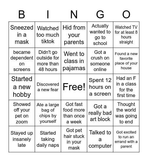 Covid Year Bingo Card