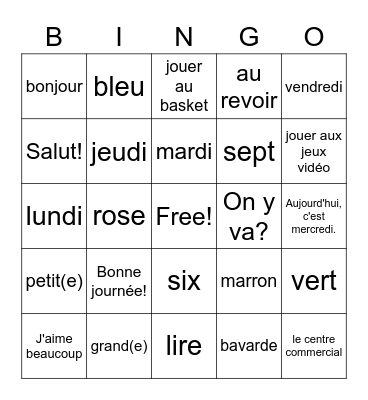 Français de base (Basic French) Bingo Card