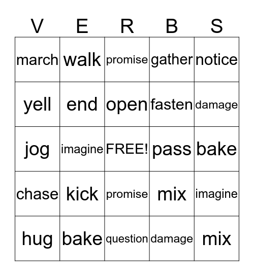 Action Verbs Bingo Card