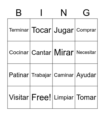 -ar verbs Bingo Card