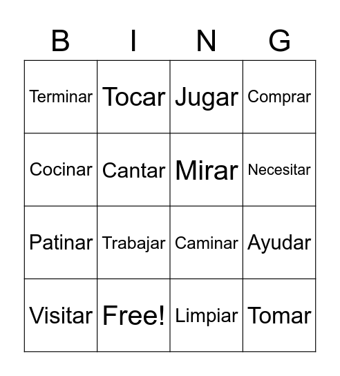 -ar verbs Bingo Card