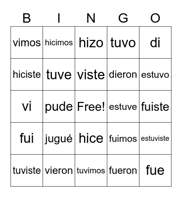 Preterite Tense Irregular Verbs Bingo Card