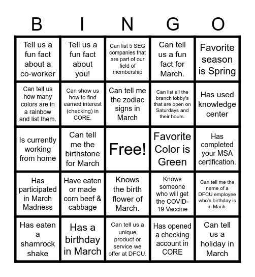 March BINGO Card