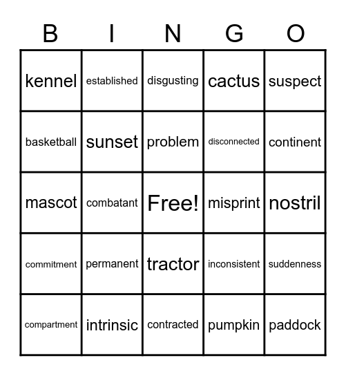 Multi-Syllable Words Bingo Card