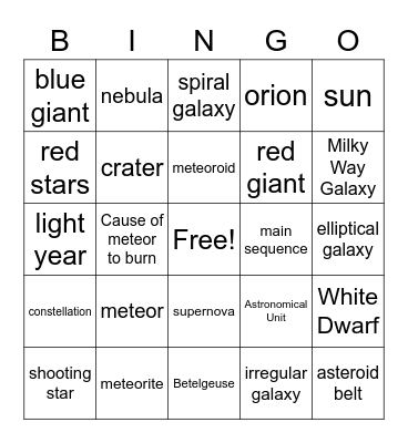 Space Junk and Life Cycle of Star Bingo Card