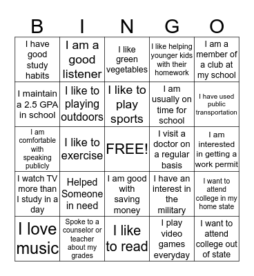 TAG Lifeskills BINGO-Middle School Bingo Card