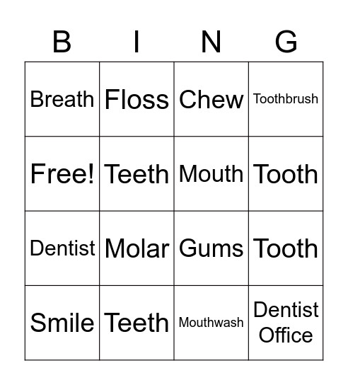 Dental Care Bingo Card