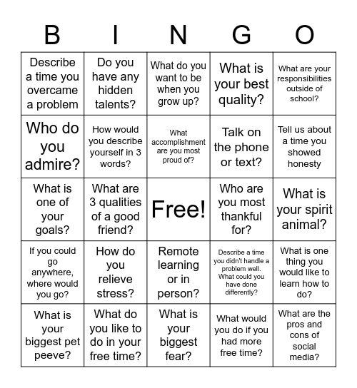Conversation Starters Bingo Card