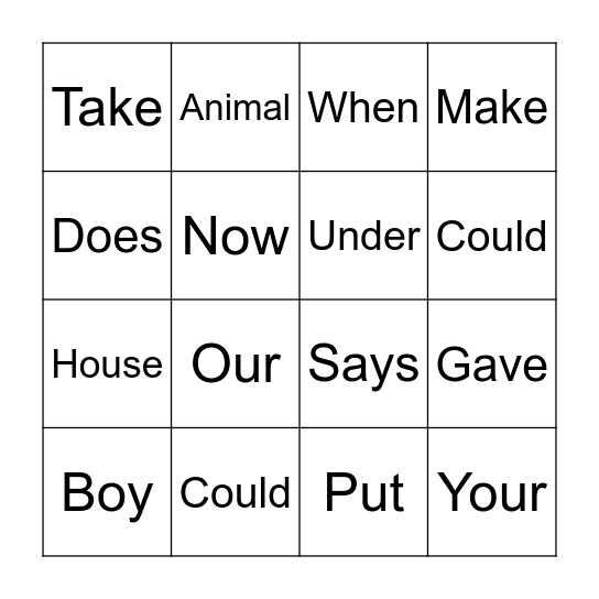 2G Words Bingo Card