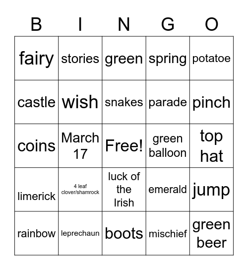 St. Patrick's Bingo Card