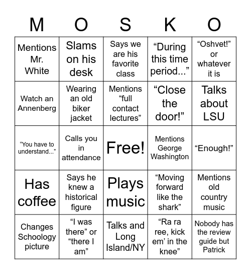 Mosk Bingo Card