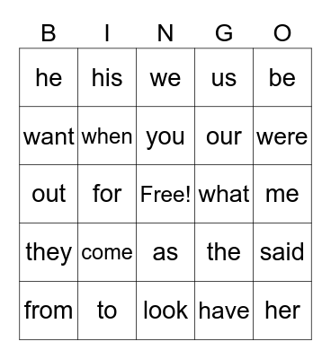 Sight Words Bingo Card