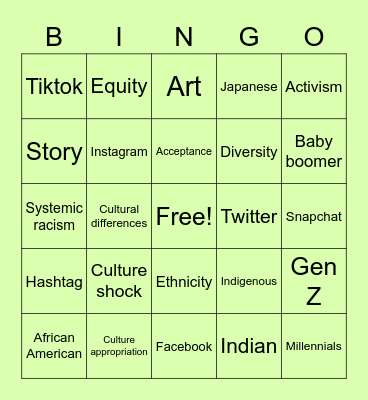 Social Media Cultural Bingo Card