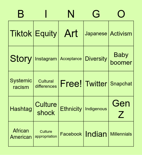 Social Media Cultural Bingo Card