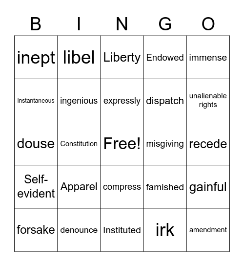 5th hour English Bingo Card
