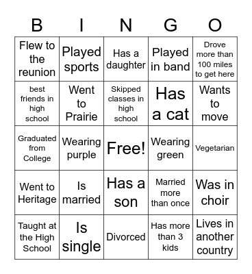 20th year reunion CLASS of 2001 Bingo Card