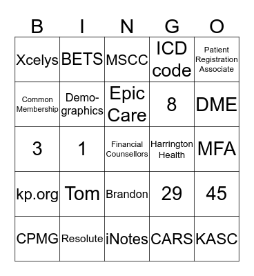 Patient Financial Services BINGO Card