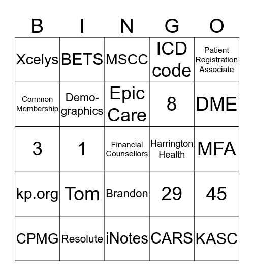 Patient Financial Services BINGO Card